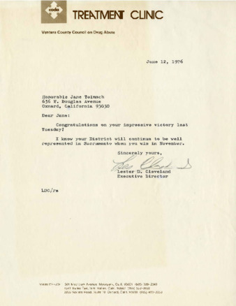 Letter to Jane Tolmach from Lester D. Cleveland, Executive Director of Ventura County Council on Drug Abuse thumbnail