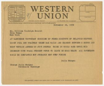 Telegram from Julia Morgan to William Randolph Hearst, November 26, 1935 thumbnail