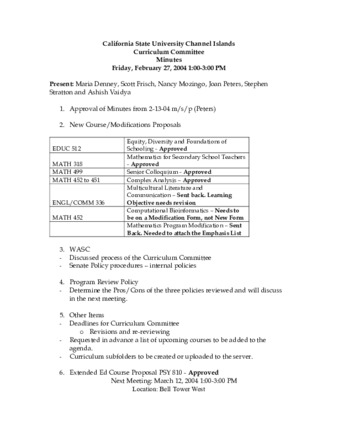 Curriculum Committee Meeting Minutes for February 27, 2004 thumbnail