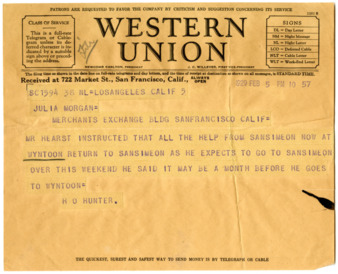 Telegram from H. O. Hunter to Julia Morgan, February 5, 1929 thumbnail