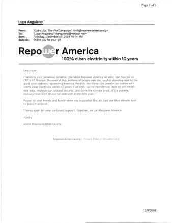 Thank you letter to Lupe Anguiano from Repower America thumbnail