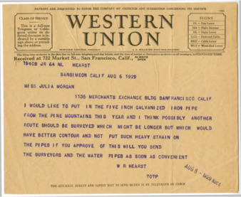 Telegram from William Randolph Hearst to Julia Morgan, August 6, 1929 thumbnail