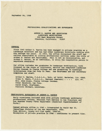 Professional qualifications and experience of Arthur G. Barton and Associates [draft] thumbnail