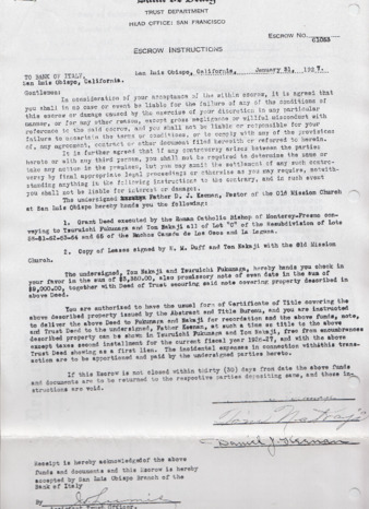 Escrow Documents for Sale of Land to San Luis Obispo Buddhist Church thumbnail