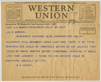 Telegram from William Randolph Hearst to Julia Morgan, August 24, 1932 thumbnail