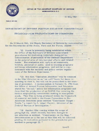 Department of Defense position regarding commercially produced film presentations on Communism thumbnail