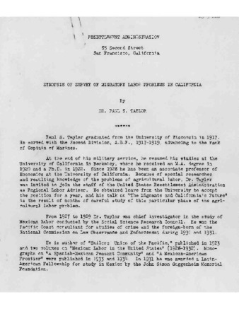 Synopsis of Survey of Migratory Labor Problems in California thumbnail