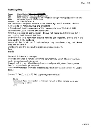 Email to Lupe Anguiano from Elaine Madsen Regarding The Film Screening at UCLA thumbnail