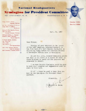 Letter from the National Headquarters Symington for President Committee thumbnail