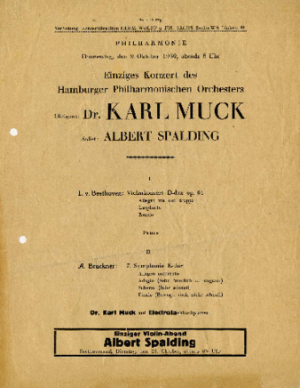 Single concert of the Hamburg Philharmonic Orchestra conducted by Karl Muck, October 9, 1930 thumbnail