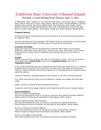 California State University Channel Islands: President's Council Meeting Notes: Monday, April 12, 2004 thumbnail