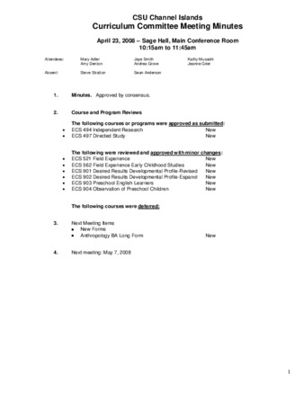 Curriculum Committee Meeting Minutes for April 23, 2008 thumbnail