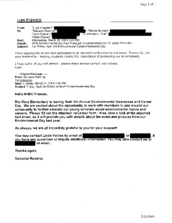 E-mail from Anguiano to Ramirez - 3rd Annual Environmental Awareness and Career Day thumbnail