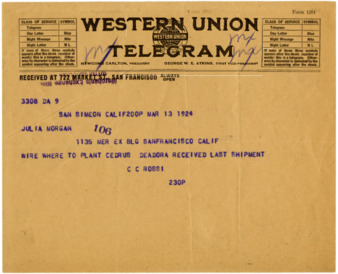 Telegram from C. C. Rossi to Julia Morgan, March 13, 1924 thumbnail