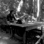 Teenage girl typing and writing outdoors. thumbnail