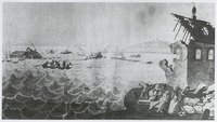 View from the Bonn side of the flooded shore at Beuel in 1784 thumbnail