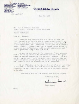 Letter to Jane Tolmach from Wayne Morse thumbnail