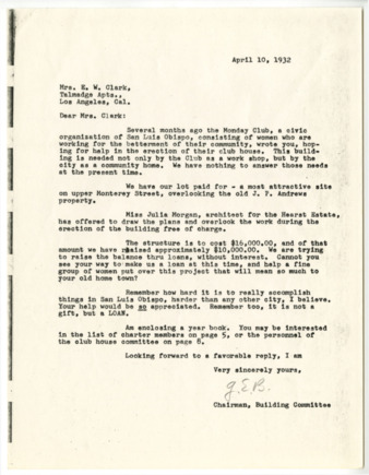 Correspondence from Grace Barneberg to E. W. Clark, April 10, 1932 thumbnail