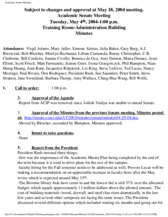 Academic Senate Meeting Minutes for May 4, 2004 thumbnail