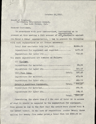 [Special report to Board of Trustees re: water and sewer expenditures], October, 26, 1912 thumbnail