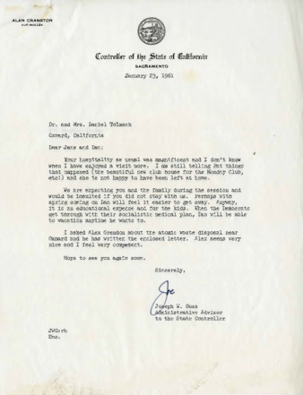 Letter from Joseph W. Goss, Administrative Advisor to the State Controller thumbnail