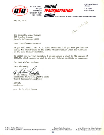 Letter to Jane Tolmach from A. Dan Reilly, Chairman of California State Legislative Board United Transporation Union thumbnail