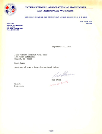 Letter to Jane Tolmach from Hal Shean thumbnail