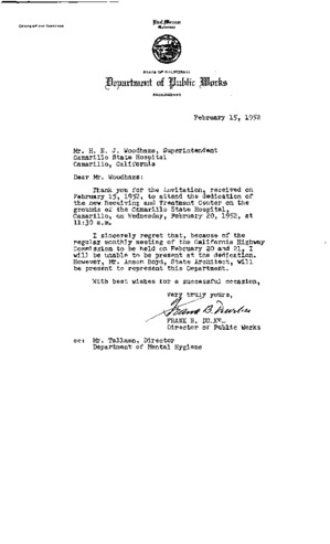 Letter from Frank B. Durkee, Director of Public Works, to H.E.J. Woodhams, Superintendent Camarillo State Hospital thumbnail