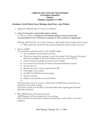Curriculum Committee Meeting Minutes for September 27, 2004 thumbnail