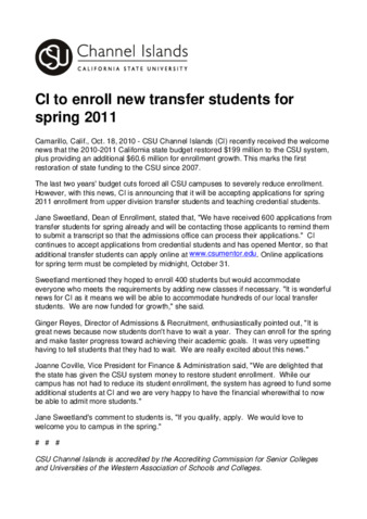 CI to enroll new transfer students for spring 2011 thumbnail