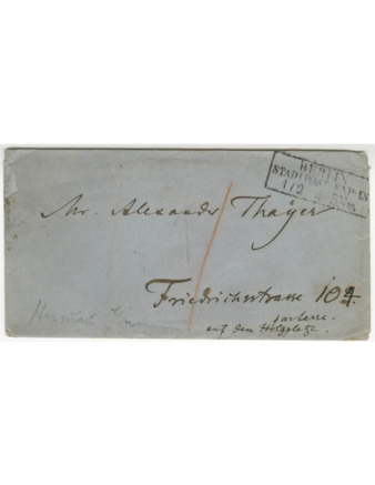 Envelope for a letter sent by Herman Grimm to A. W. Thayer in Berlin in 1859 thumbnail