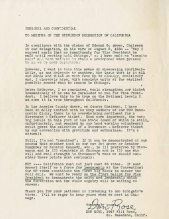 Letter to members of the Stevenson Delegation of California thumbnail
