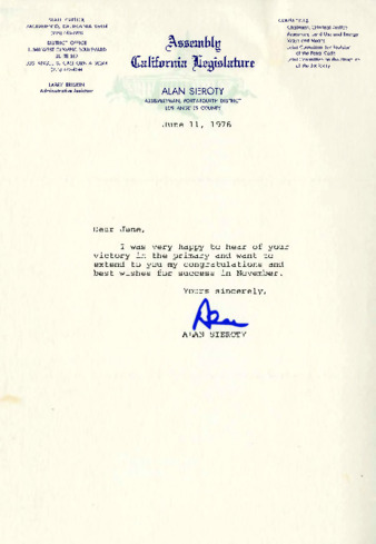 Letter to Jane Tolmach from Assemblyman Alan Sieroty thumbnail