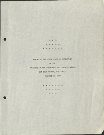 Report to the State Board of Education on the Progress of the California Polytechnic School, San Luis Obispo, California, 1935 thumbnail