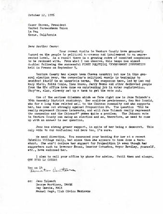 Letter to Cesar Chavez from Jane Tolmach thumbnail