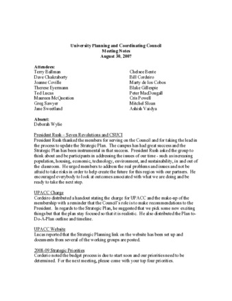 University Planning and Coordinating Council Meeting Notes August 30, 2007 thumbnail