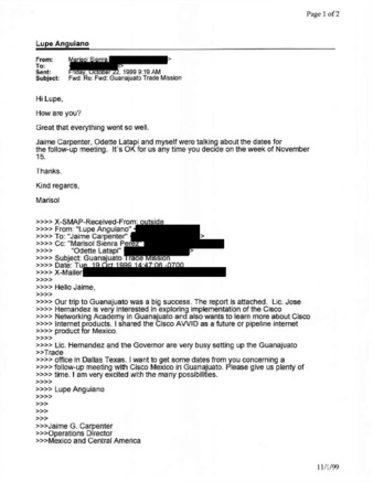 Email from Marisol Sienra to Lupe Anguiano Regarding a Follow-up Meeting about the Guanajuato Project thumbnail