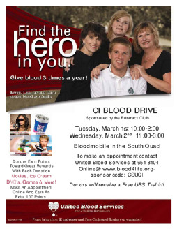 Find the hero in you: Give blood 3 times a year! CI Blood Drive, Sponsored by the Rotaract Club thumbnail