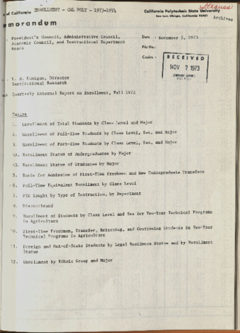 Quarterly Internal Report on Enrollment, Fall 1973 thumbnail
