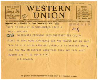 Telegram from William Randolph Hearst to Julia Morgan, February 6, 1929 thumbnail