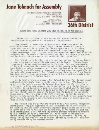 Quotes from Press Releases when Jane Tolmach filed for Assembly thumbnail