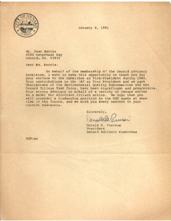 Correspondence to Harris from the Oxnard Advisory Committee thumbnail