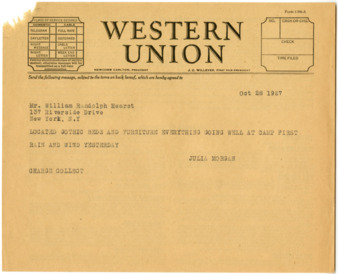 Telegram from Julia Morgan to William Randolph Hearst, October 28, 1927 thumbnail