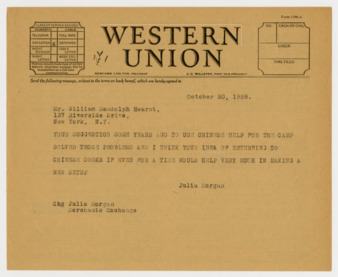Telegram from Julia Morgan to William Randolph Hearst, October 20, 1928 thumbnail