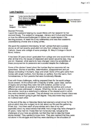 Email from Linda Garcia Merchant Regarding The Legacy of Lupe Anguiano and Her Followers thumbnail