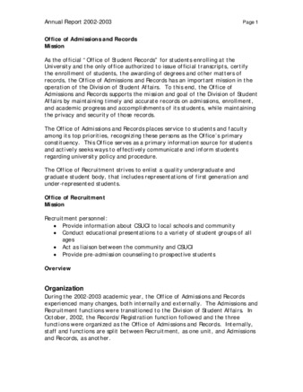 2002-2003 Admissions & Records Annual Report thumbnail