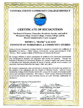 Ventura County Community College District Certificate of Recognition: Henry L. "Hank" Lacayo Institute of Workforce & Community Studies thumbnail
