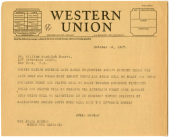 Telegram from Julia Morgan to William Randolph Hearst, October 28, 1927 thumbnail